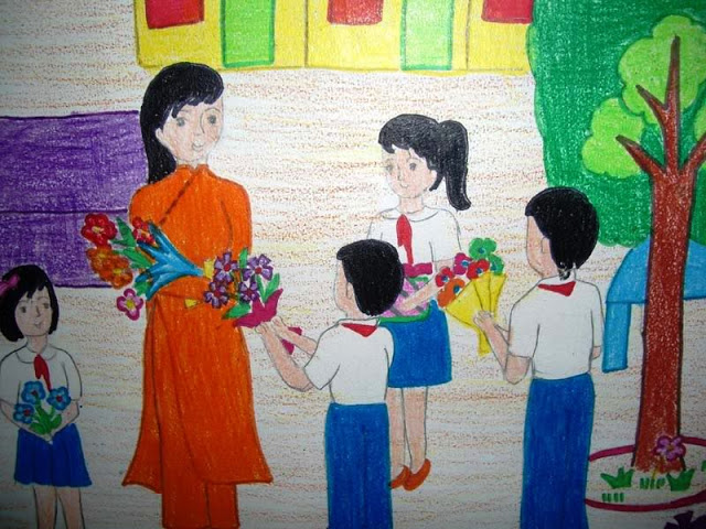 Bộ sưu tập tranh vẽ cô giáo và học sinh, tranh vẽ kỷ niệm 20/11 17